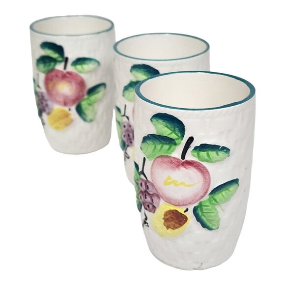 Vtg Basket Weave Pottery Cups Hand Painted Fruit Ceramic Cup Set (6) MCM Glasses - Picture 3 of 12